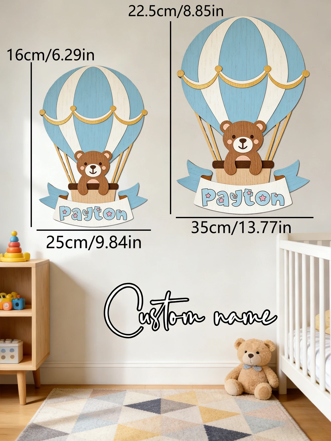 Custom Bear Hot Air Balloon Wooden Name Sign Banner Plaque Neutral Boy Nursery Wall Table Decor Newborn Bedroom Keepsake Gift image 3