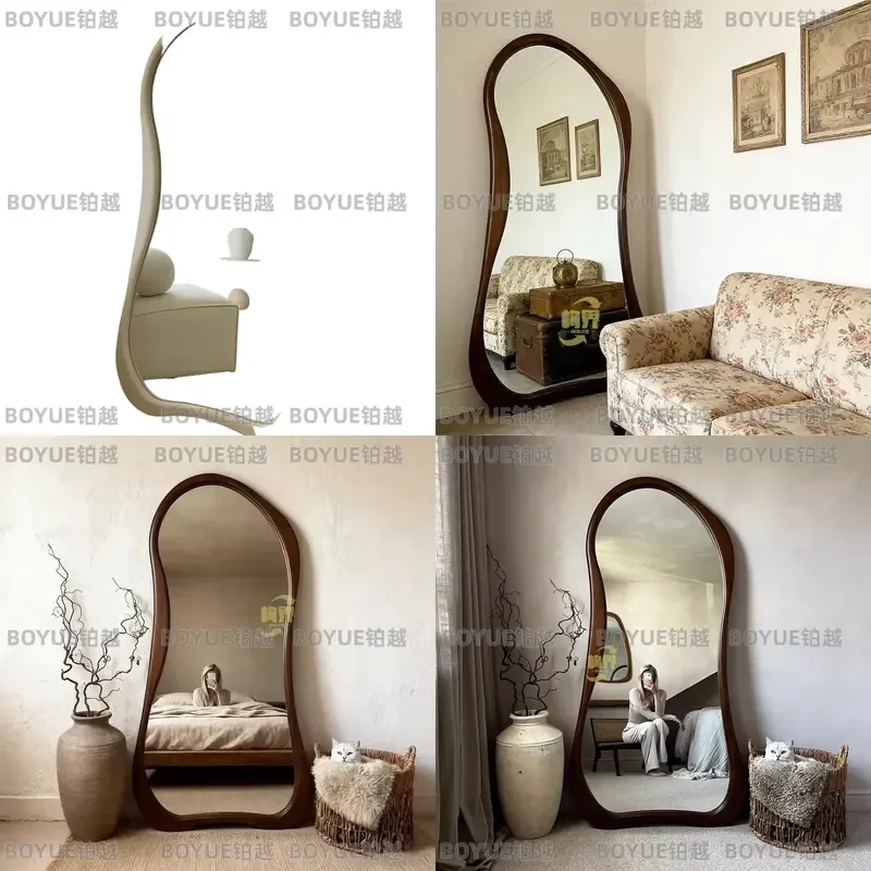 French Light Luxury Full Body Floor Mirror Cream Style Irregular Shaped Standing Mirror for Girls Bedroom Home Decor