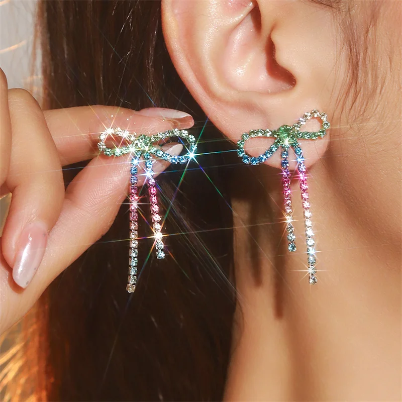 Elegante Strass-Schleifen-Quasten-Ohrringe für Frauen, lebendige, zarte, bunte Kristall-Quasten-Ohrringe, Party-Schmuckzubehör – Detail 6