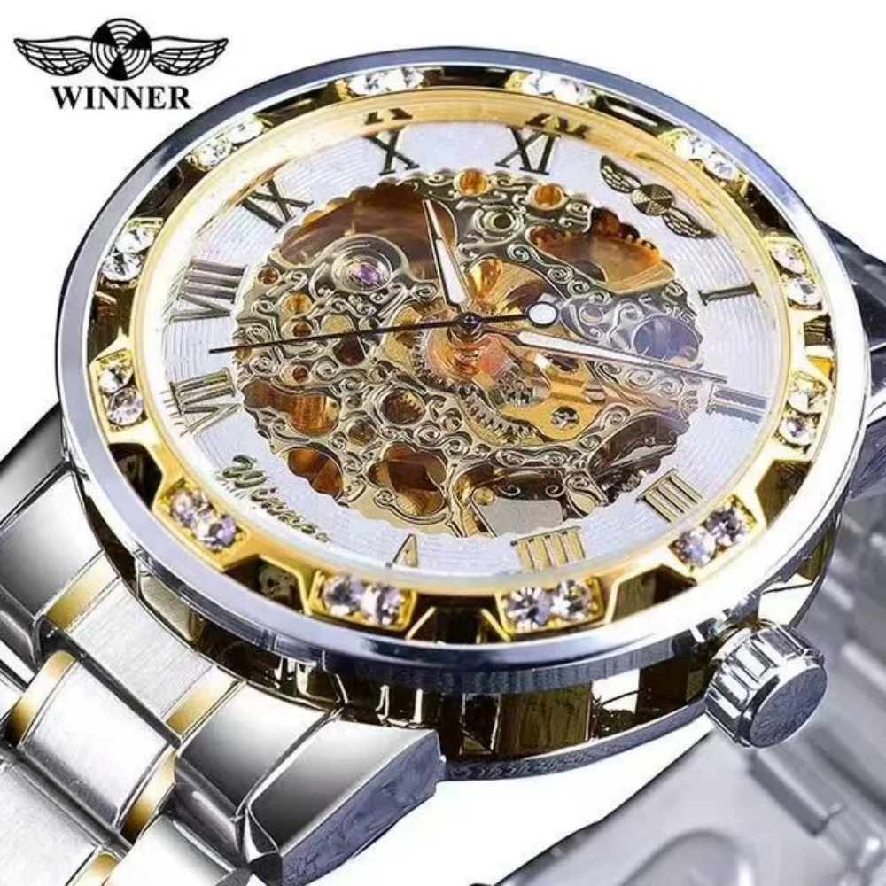 Light Luxury Men's Fashion Mechanical Watch with Diamond Inlays, Skeleton Design Stainless Steel Strap Watch, Stylish Casual Versatile Watch for Handsome Male Students, High-Value Gift Choice