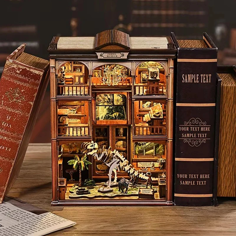 NEW Retro DIY Wooden Book Nook Figurines Miniature Kits Fossil Museum Bookshelf Home Bookend Decoration For Adult Handmade Gifts