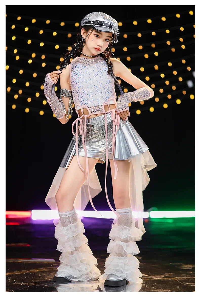 Neues Jazz-Tanzkostüm für Kinder, Mädchen-Streetdance-Paillettenweste, Lederhose, Rock, Bühnenkostüm für Auftritte – Detail 5