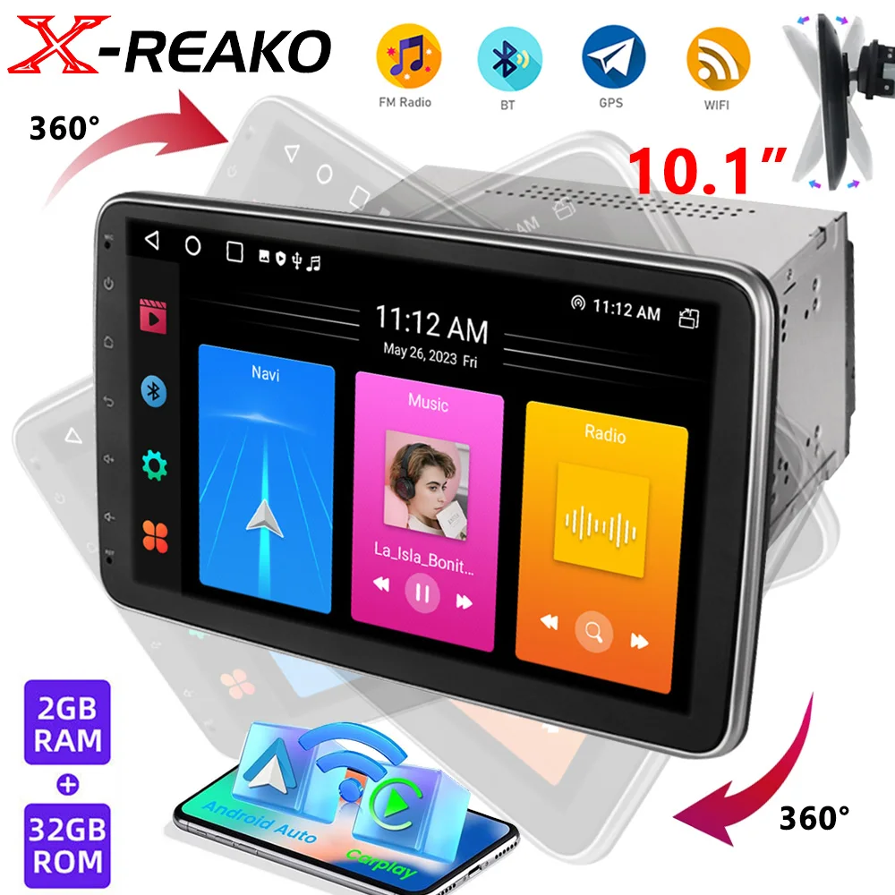 X-REAKO 10'' 360 Rotatable 2din Multimedia Player Stereo Radio Video Auto Carplay Head Unit Navigation Wifi USB FM MirrorLink