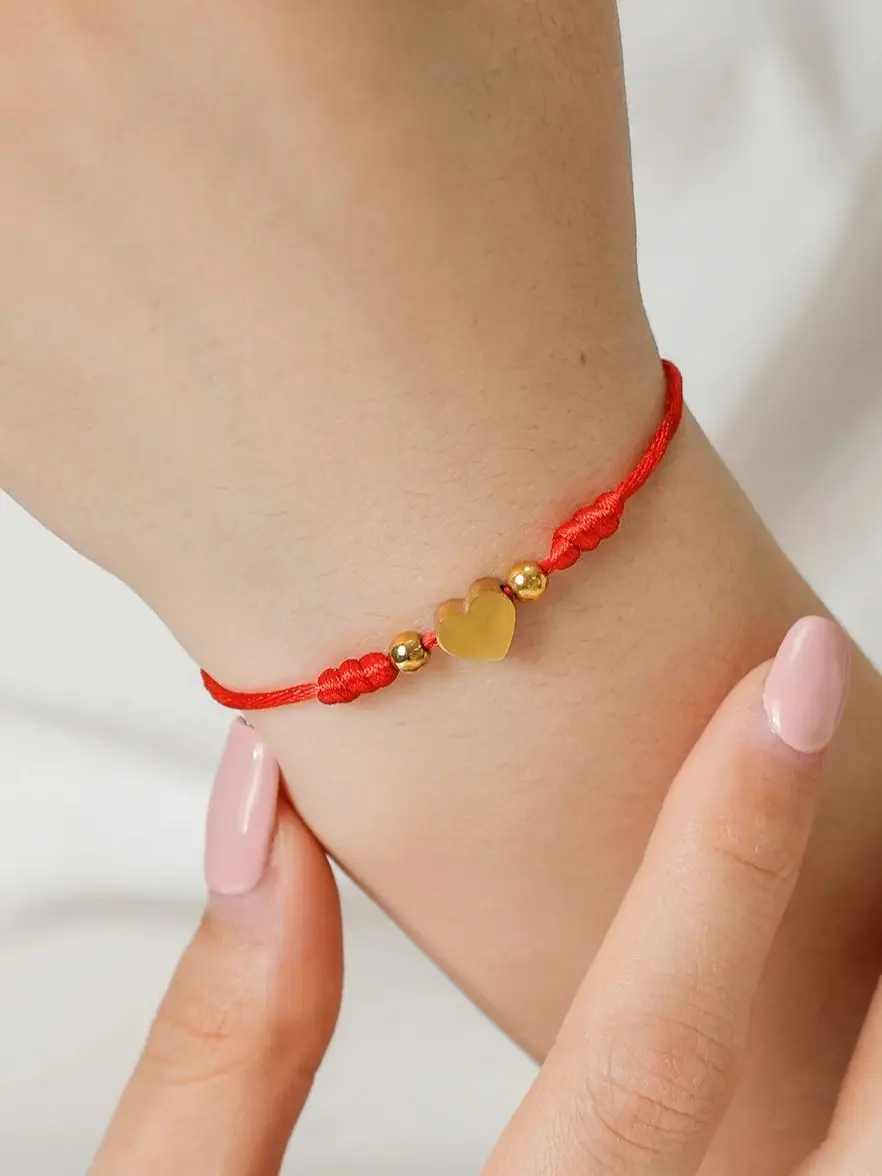 May@RZ Heart Pendant Red Bracelet Romantic Simple Heart Adjustable Red Rope Braided Bracelet Stainless Steel Jewelry