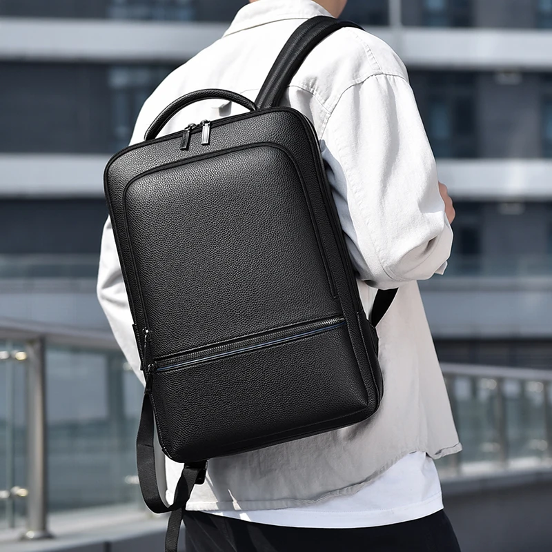 

Large Capaci Men's Leather Backpack Double Oulder Waterproof Commuter Travel Backpack Soft Handle Zipper Laptop Bag