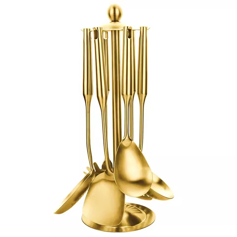 

6/7Pcs Golden Kitchen Utensils Set, Stainless Steel Cooking Tools Serving Utensils - Turner Soup Ladle Strainer Pasta Server