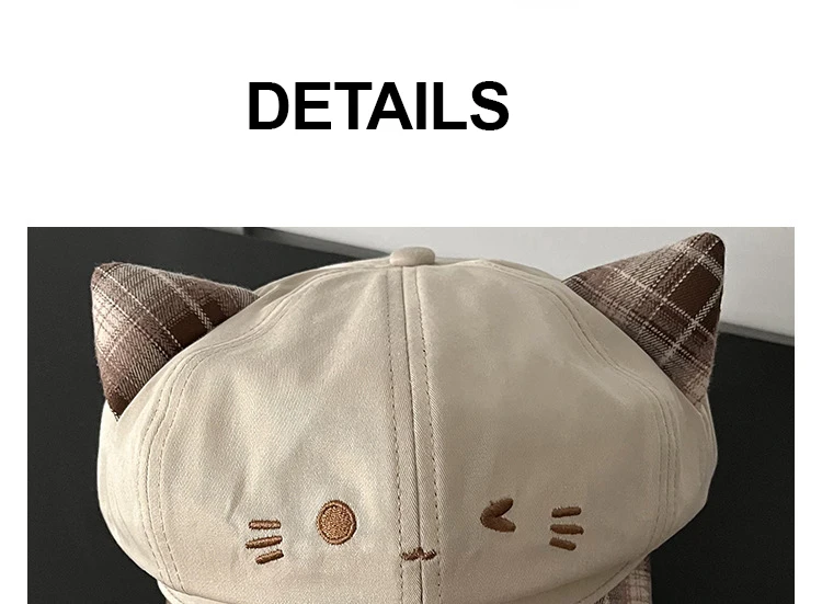 Niedliche Katzenohren Newsboy-Mütze für Damen, Alltags-Casual Baker Boy Cap, Street Snap, Kawaii Katzen-Gesichts-Stickerei, süße Mädchen-Karo-Krempe, Reisemütze – Detail 1