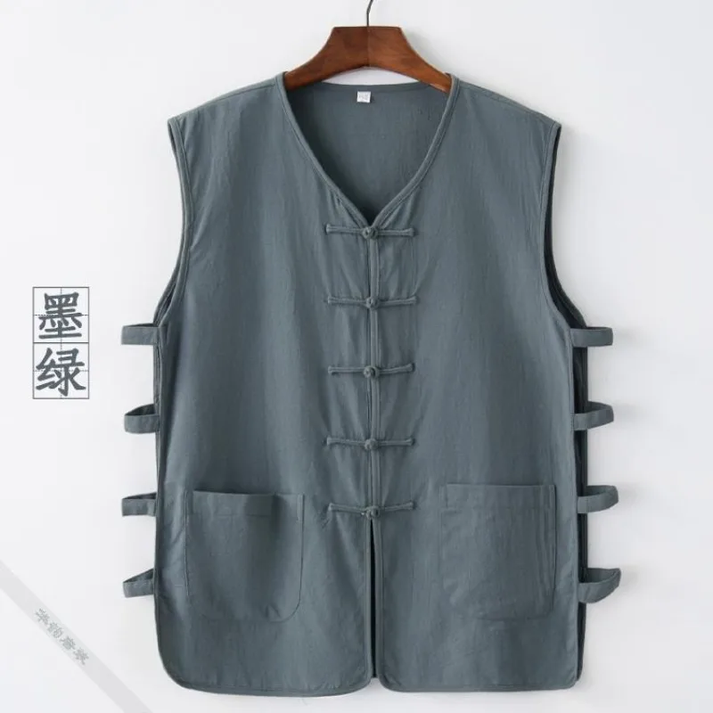 Summer Casual Cotton Linen Sleeveless Tang Suit Vest Chinese Traditional Clothing for Men Vintage Shirt T-shirt Jacket