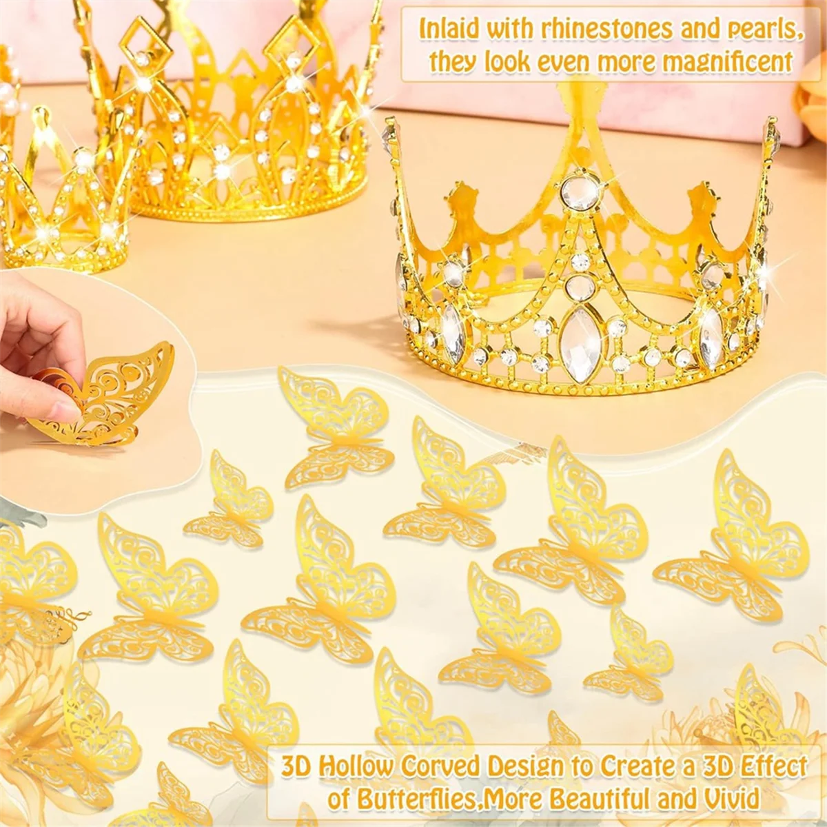 New Gold Crowns for Flower Bouquet Accessories, 4 Pcs Cake Crown Topper, 12 Pcs Butterfly Decorations and 50 Pcs Flower Pins