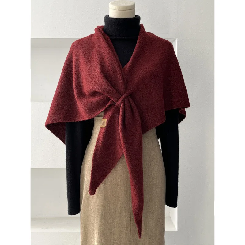الخريف والشتاء النسخة الكورية الجديدة المرأة الرقبة التفاف الصوف المخلوطة الثلاثي شال الإناث سميكة مع محبوك الكتف الدافئ