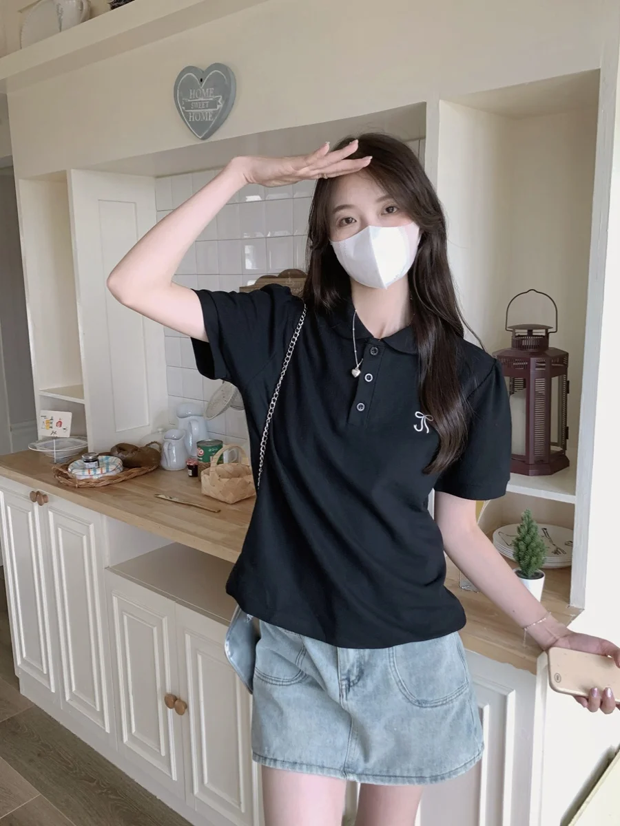 Retro Hong Kong Sle Chic f Sve T-shirt Dames Zomer Losse Knoop Borduren irt ort Sve Doll Kraag