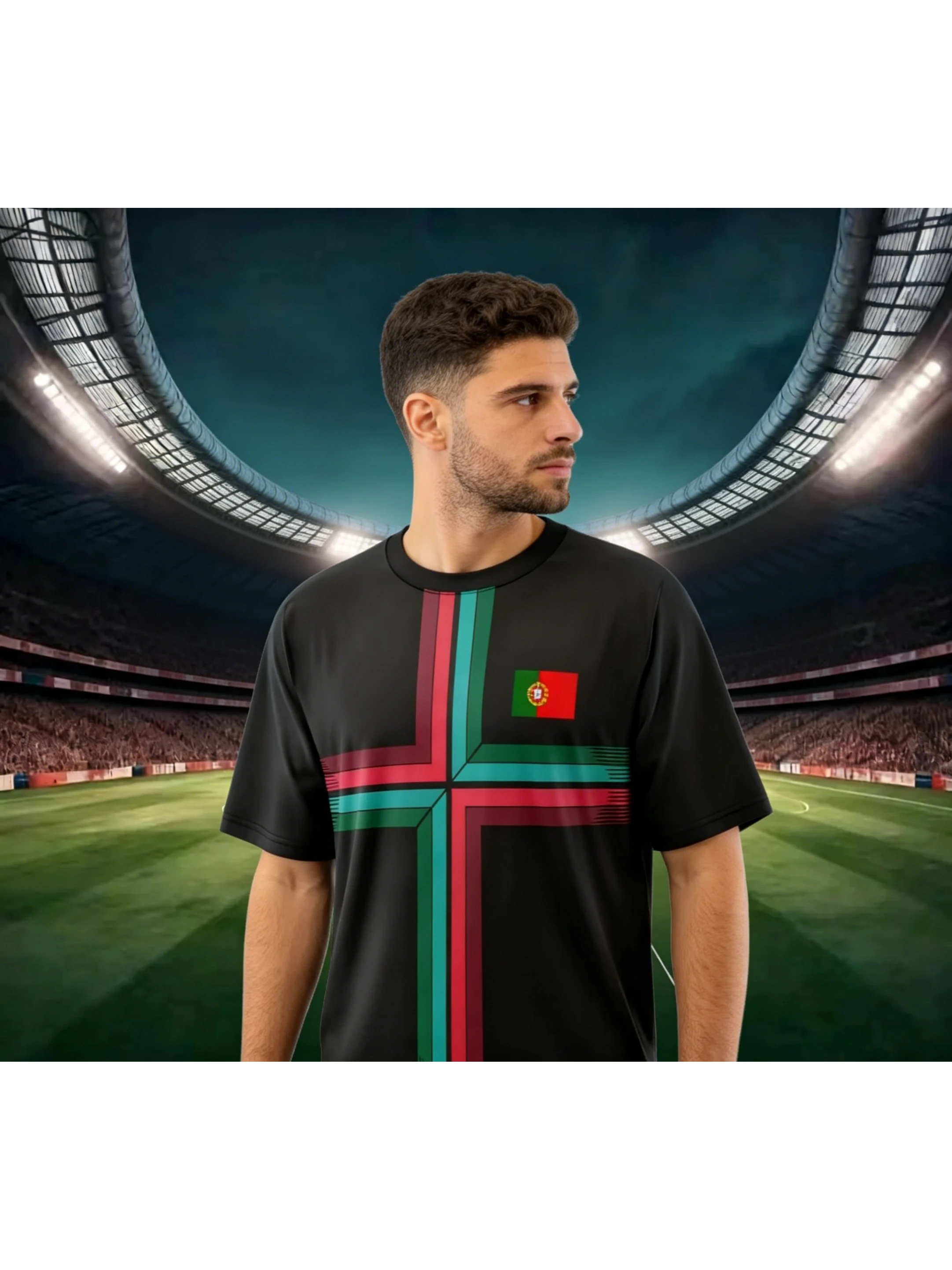 Men's Portuguese flag cross print short-sleeved T-shirt, a stylish, cool, and breathable summer sportswear/casual top.