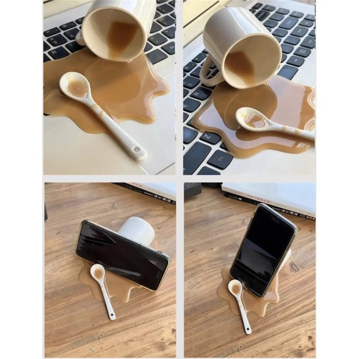 Multi-use Gear Funny Fake Spilled Coffee Mug PVC Phone Dock for Prank Props, Decor & Mobile Video Viewing for Coworkers Friends