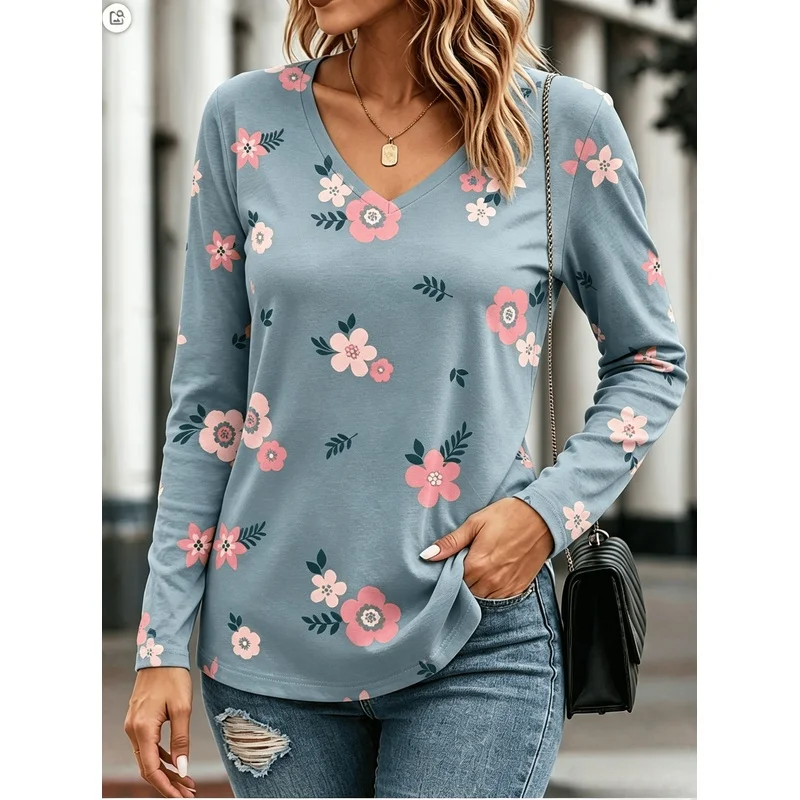 Casual Stylish Women's Long Sleeve T Shirt V Neck Breathable All Over Print Abstract Painting Gradient Lily Floral Plant Leaf