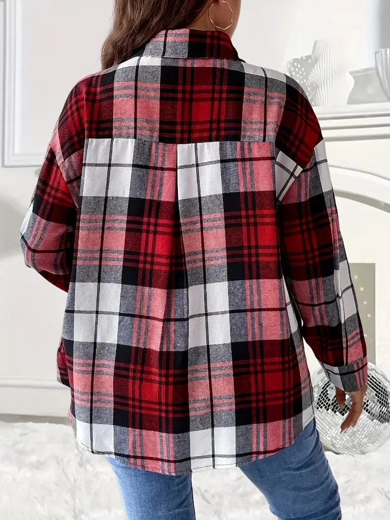 Women‘s Checkered Printed Button Shirt Commuter Casual Fashion Loose Shirt