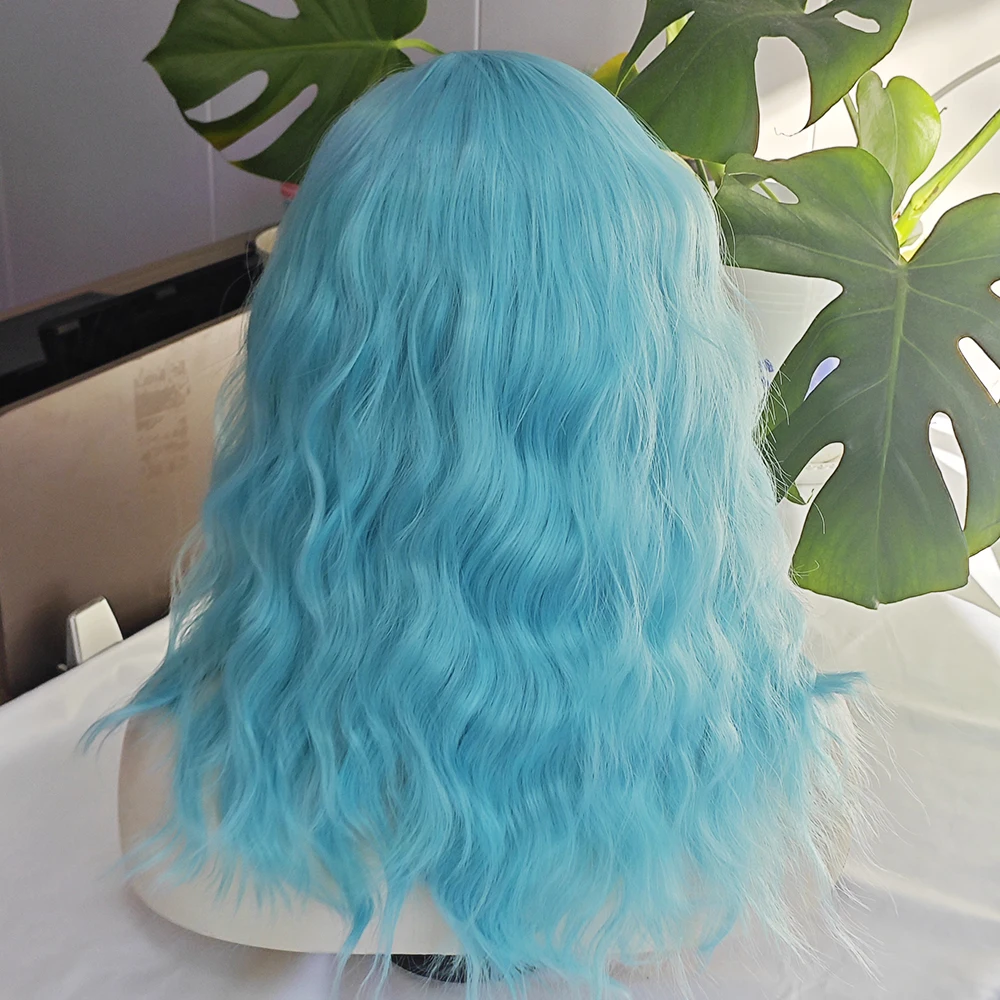 السماء الزرقاء موجة الشعر الاصطناعية الدانتيل الباروكة فضفاضة موجة الضوء الأزرق الشعر الدانتيل الجبهة الباروكات النساء تأثيري Makrup استخدام الحرارة الألياف الشعر الأزرق