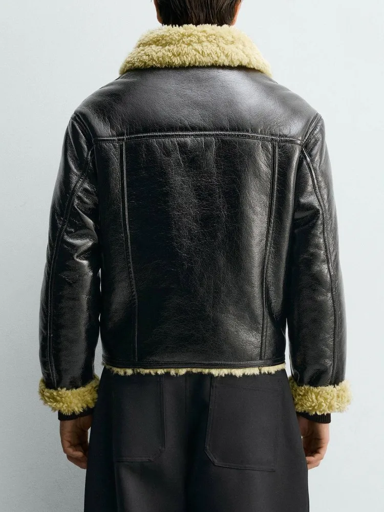 New Men PU Leather Patchwork Fleece Loose Fit Turn Down Collar Jackets Single Breasted Coat Thick Warm Casual Men Winter Outwear