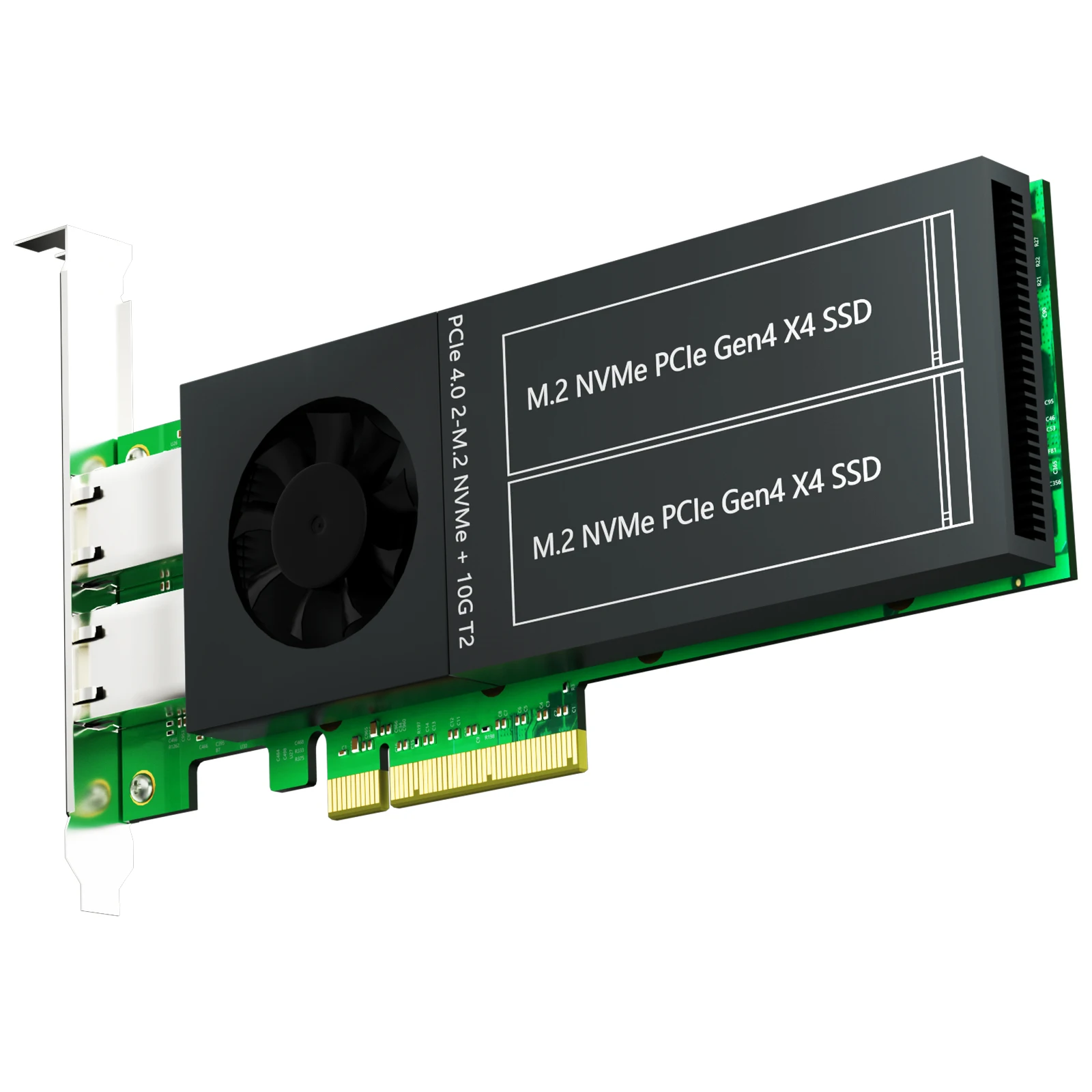 

Dual M.2 PCIe 4.0 Adapter with 2 x 10Gb RJ45 Port, Support PCIe Bifurcation, Setup Soft M.2 NVMe RAID via OS Tool