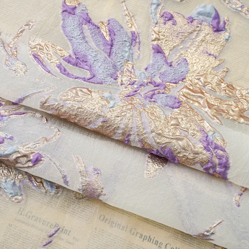 European Style Thin Organza Jacquard Fabric with Gold Silk Cutting Flower for Micro Transparent Dress Skirt Diy Sewing