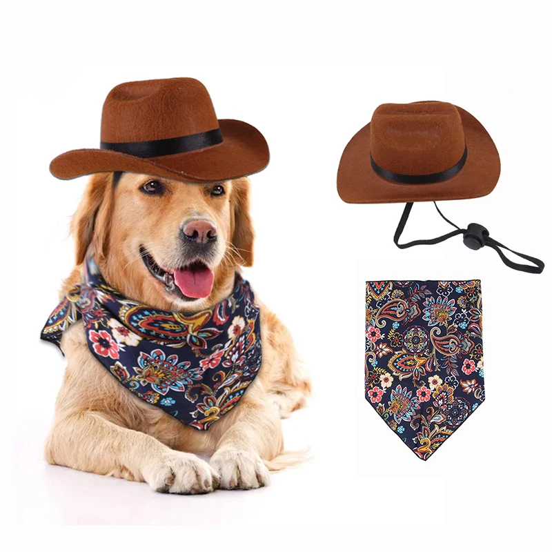 

Pet Dog Cat Hat Adjustable Western Cowboy Hat with Retro Triangle Bibs Pet Outdoor Sunhat Costume Photo Prop Dog Accessories