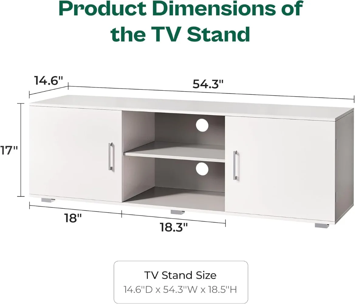 TV Stand for 55 Inch TV,with Storage, 2 Cabinets, TV Console Media Cabinet with 6 Cable Holes, White  for Living Room, Bedroom