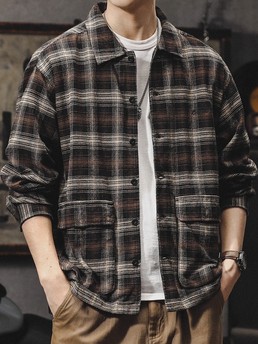 

Large Size 300 Pou Pure Cotton Plaid irt Jaet Men's Trendy American Long Sve Casual Workwear Vintage Sle