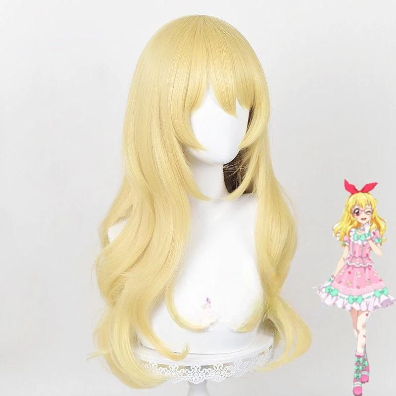 호시미야 이치고 코스프레 모델링 가발 애니메이션 아이카츠 히로인 역할 헤드기어 볼 여성 이브닝 드레스 매치 골든 롱 컬리 헤어