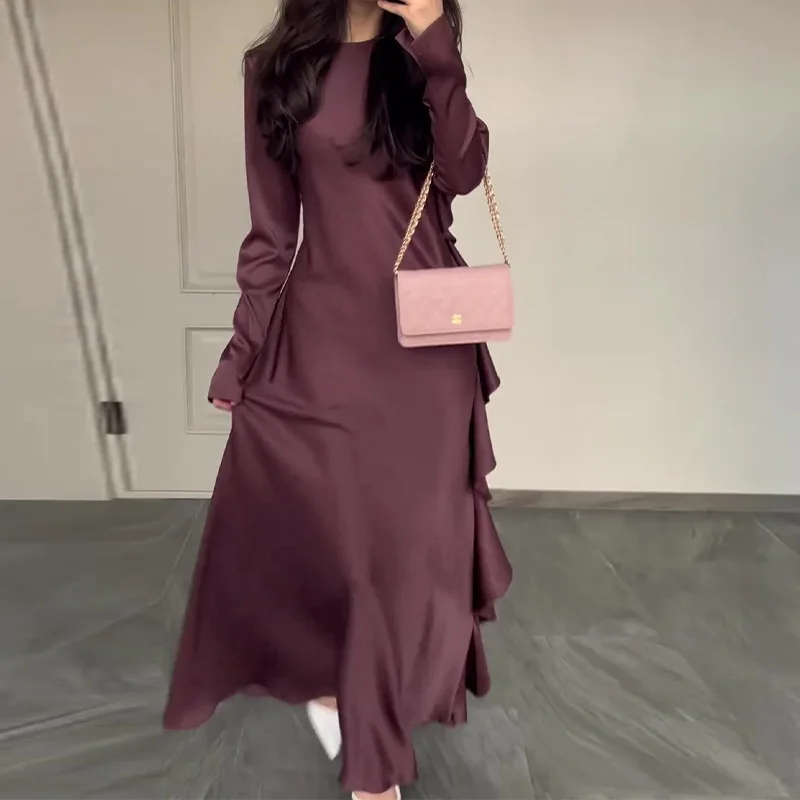 Womens Dresses New 2024 Temperament Commuting Round Neck Long Sleeved Ruffle Edge Sexy Elegant Party Evening Maxi Dress