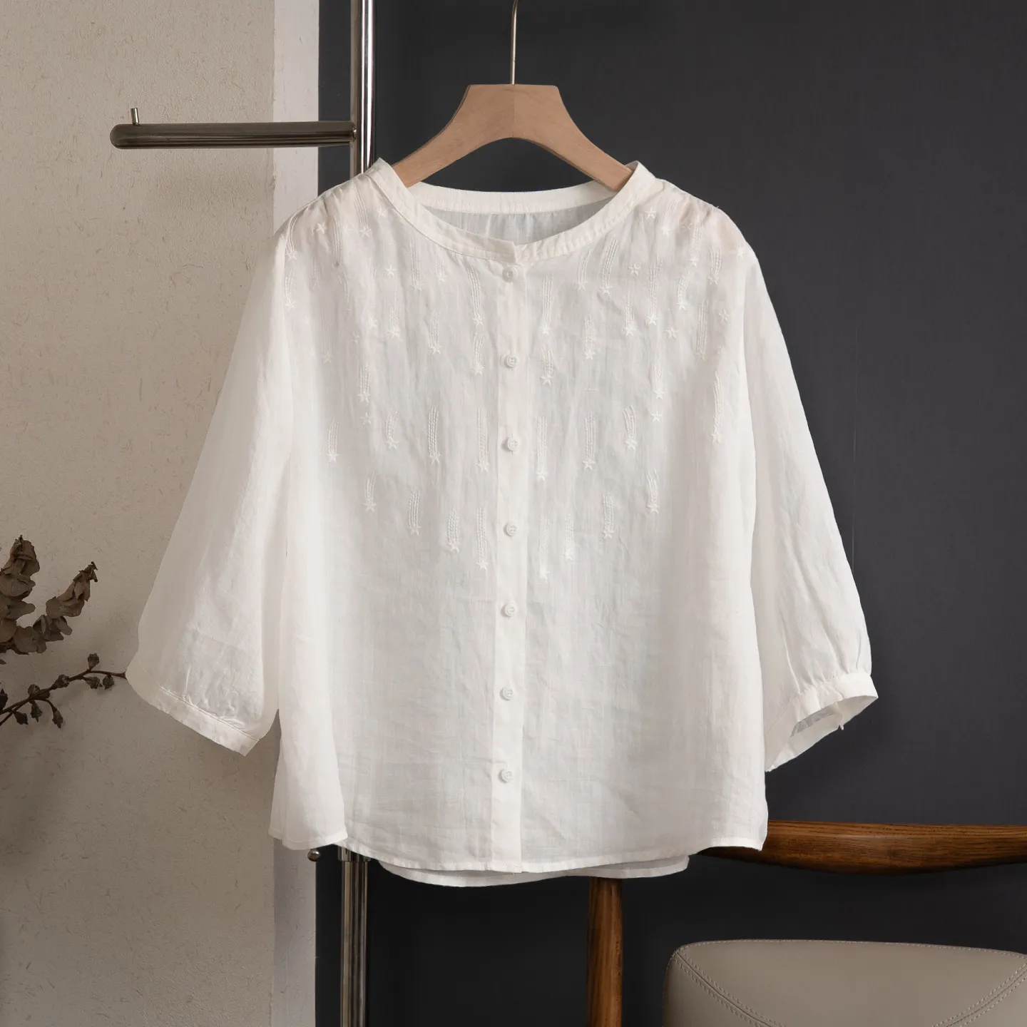 High Quality Ramie Embroidery Women Casual Shirt New Arrival 2026 Summer O-neck Solid Color Loose Female Tops Shirts M2718