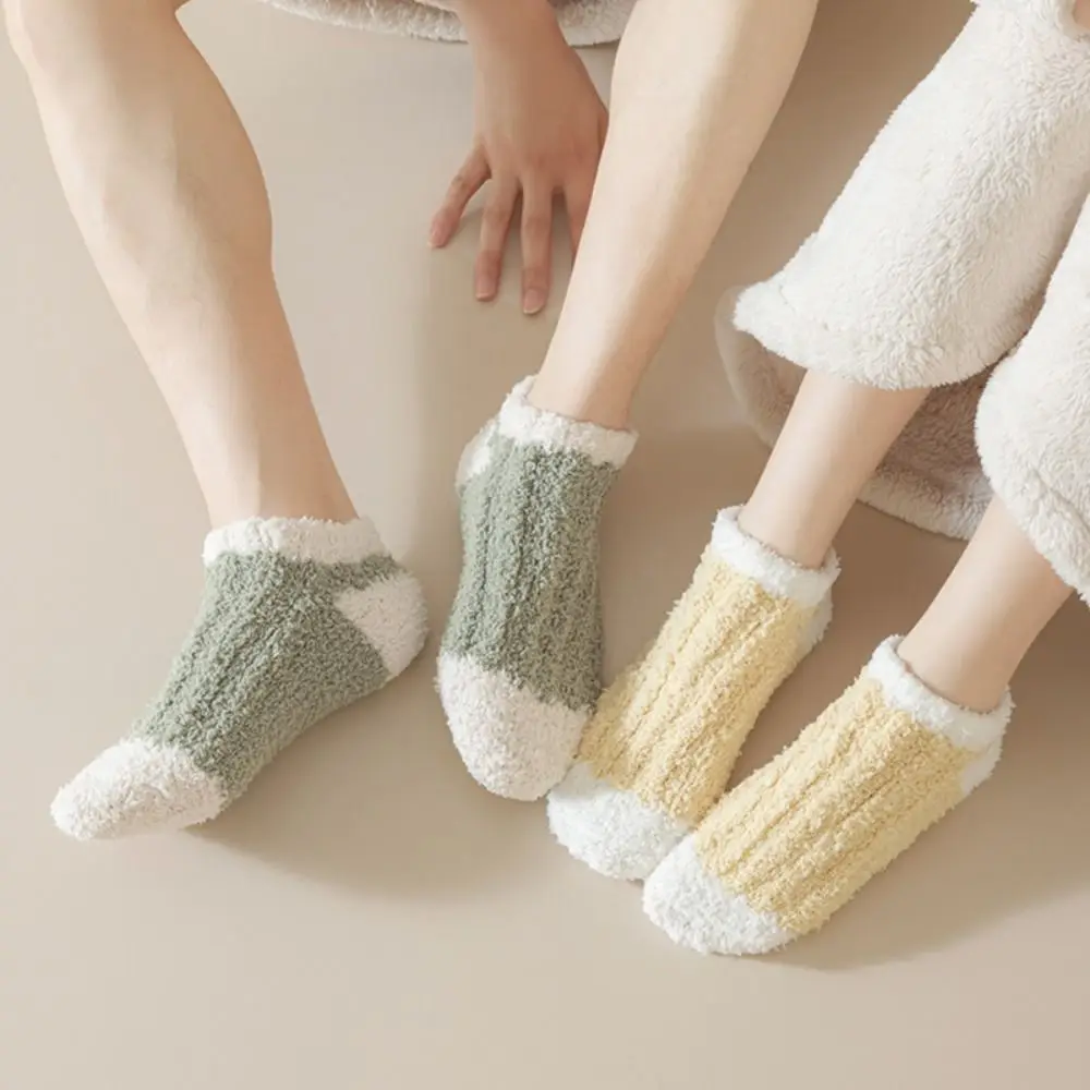 3Pairs Kawaii Thickened Coral Fleece Socks Patchwork Winter Floor Plush Socks Hosiery Simple Warm Boat Socks Women Autumn