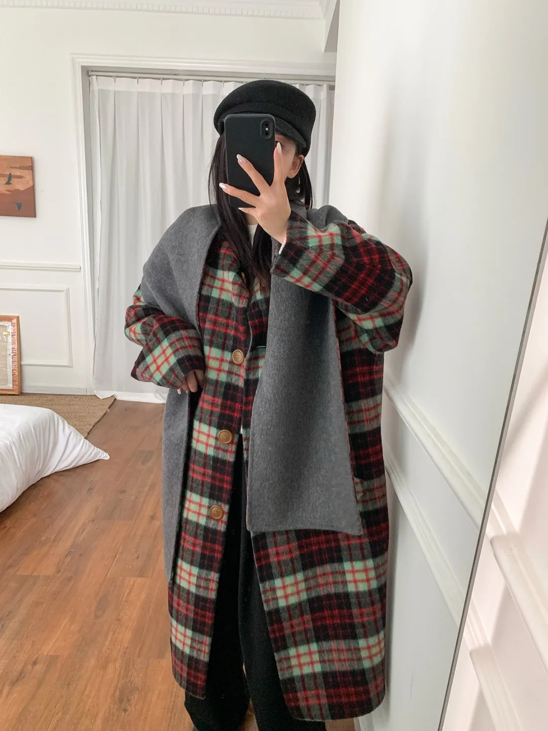 

Detachable Scarf Collar Women Reversible Woolen Coat Single Breasted Loose Large Pockets Female Mid-Length Jacket Fall Winter