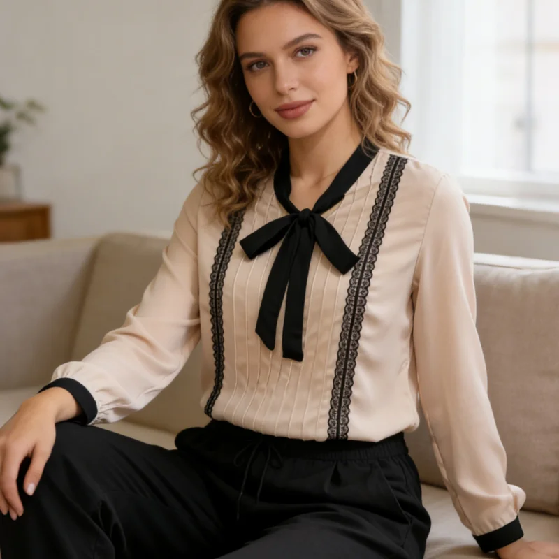 

2026 Spring Women Bow Tie Collar Long Sleeve Shirts Loose Blouse Elegant Sweet Casual Female Tops Fashion Lace Shirts