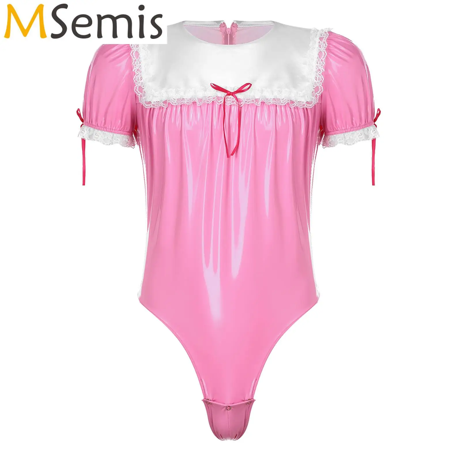 Mens Invisible Zipper Patent Leather Bodysuit Sissy Maid Cosplay Costume Crossdresser Romper Lace Trim Puff Sleeve Leotard