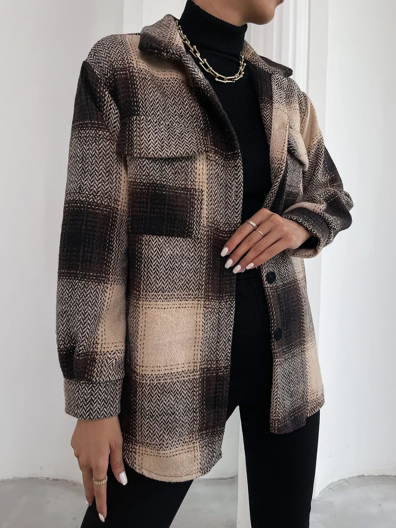 Damska kurtka w kratę z mieszanki wełny, z kieszeniami z klapami, jednorzędowa, casualowy płaszcz na jesień i zimę.