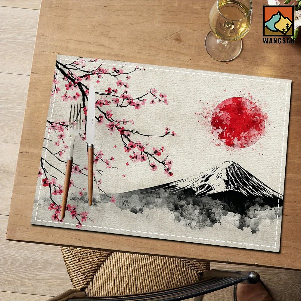 VIKAMA Mount Fuji Cherry Blossom Placemat Japanese Style Linen Heat Resistant Dining Table Mat for Home Decor
