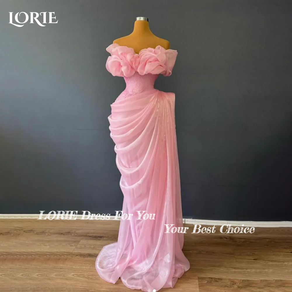 

LORIE Modest Crepe Evening Dress 3d Flower Off Shoulder Flowy Princess Prom Dresses Illsion Puff Arabia Party Gowns Customized