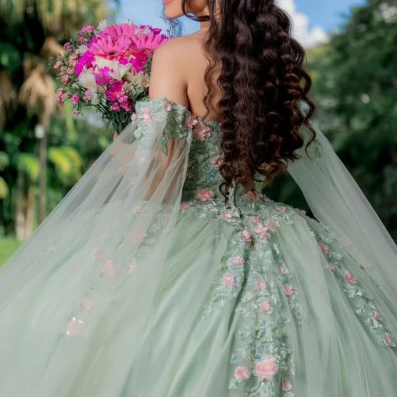 Mint green Quinceanera Dress off-shoulder glitter 3D flower decal Long tail vestidos de 15 Quinceanera ﻿Customize