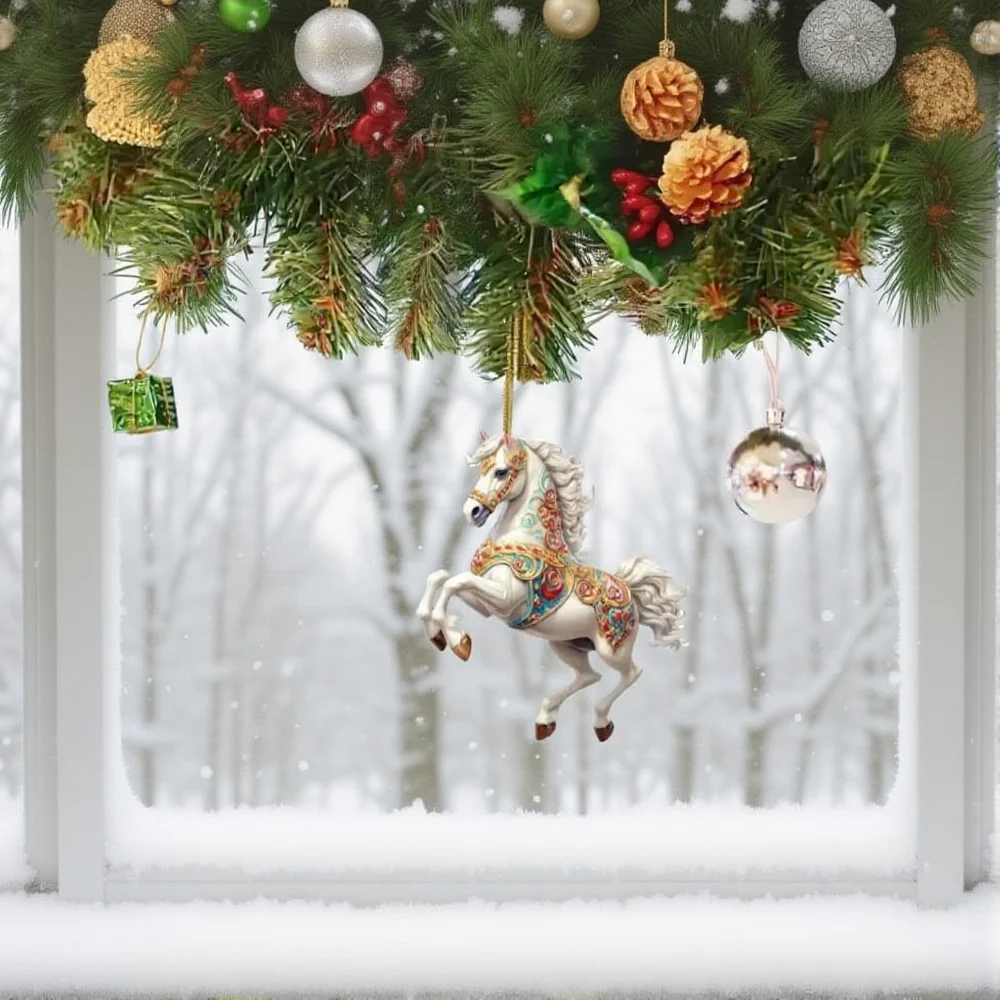 1PC Acrylic 2D Flat White Horse Home Party Christmas Tree Hanging Decor Backpack Keychain Gift Car Rearview Mirror Pendant
