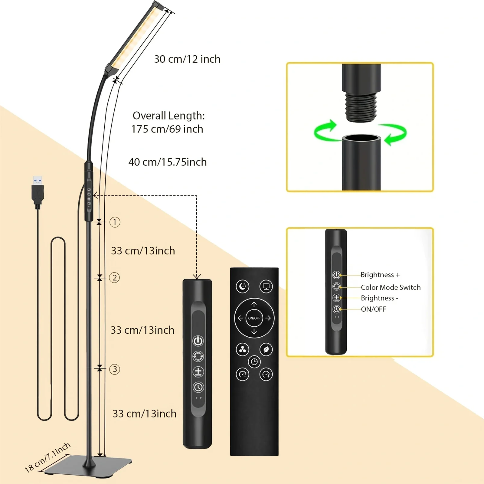 LED Floor Lamp Changeable Reading Lamp 3000K-6000K 10 Brightness Levels Flexible Gooseneck Adjustable for Living Room Bedroom