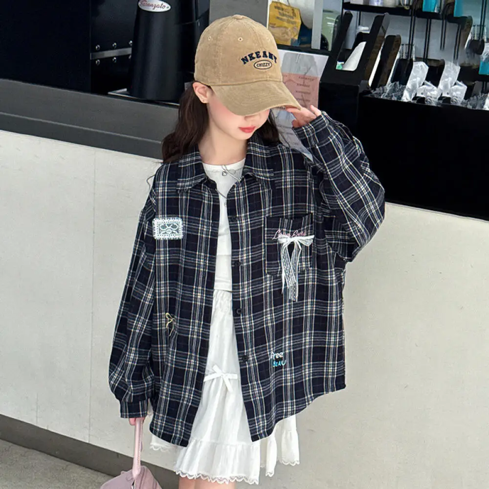 

Kawaii Girl Fashion Lapel Grid Shirt Tops Student Spring Autumn Cartoon Casual Long Sleeves Cardigan Coat Children's Clothing