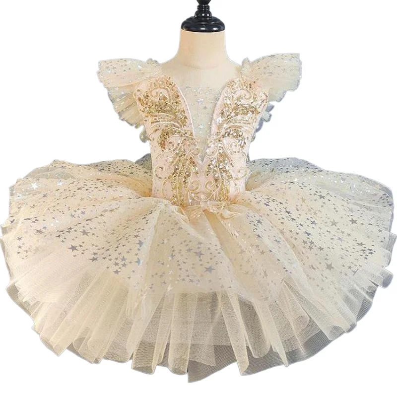 Beige Sequined Ballet Dress For Girls Kids Romantic Tutu Performance Clothing Ballerina Dress Contemporary Dance Costumes