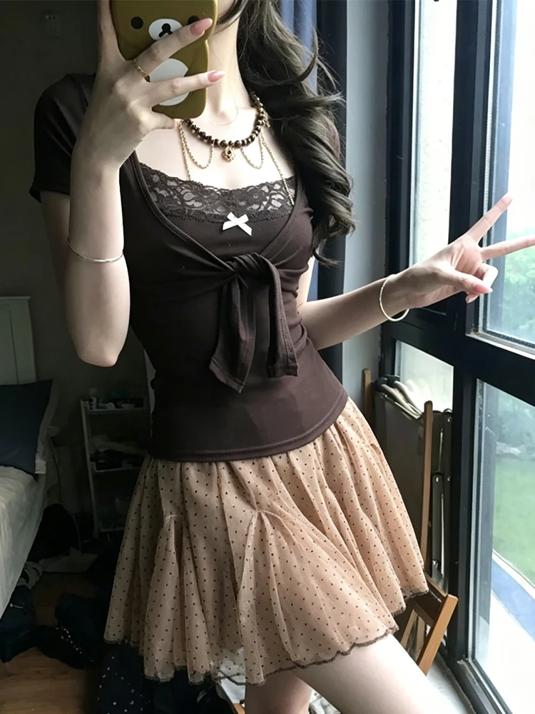 Genayooa Japanische Y2k Zweiteilige Oberteile für Damen, kurzärmelig, Spitze, Patchwork, Camis + Schnür-Smock, Fairycore 2000er-Jahre-T-Shirt-Oberteile, E-Girls – Detail 9