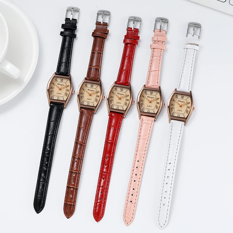 001New classic tawny small wine barrel Roman scale women's watch leather gift watch