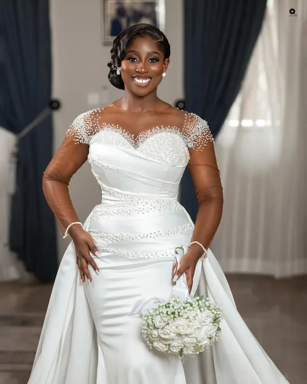 Customized Plus Size Mermaid Bridal Gowns For Bride Detachable Train Sheer Illusion Long Sleeves Beaded Wedding Dress