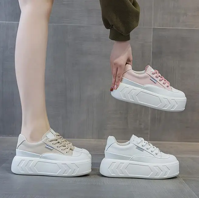 8cm Microfiber Leather Spring Autumn Shoes Chunky Sneakers Platform Wedge Women Casual Shoes Ladies Fashion Skate Boarding