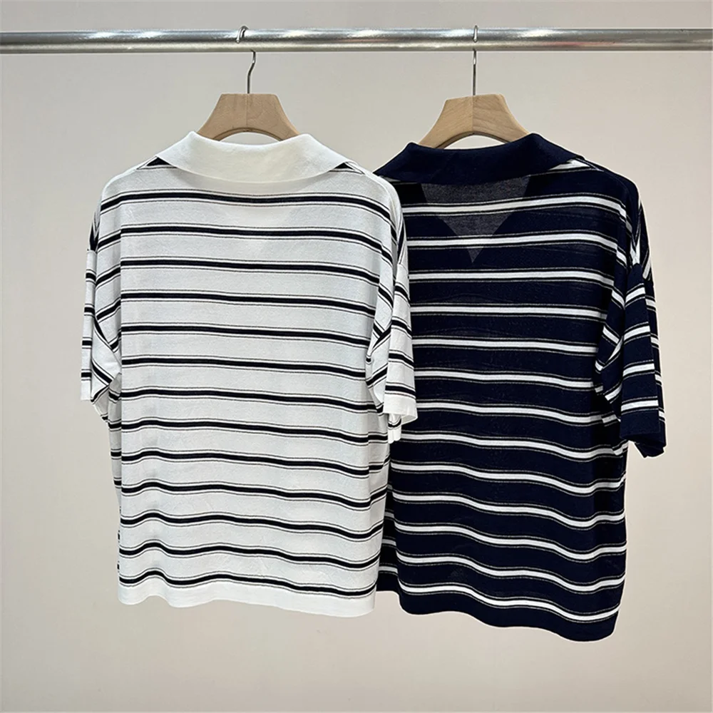 Women's Black and White Striped Knit Polo Shirt Short Sleeve Top