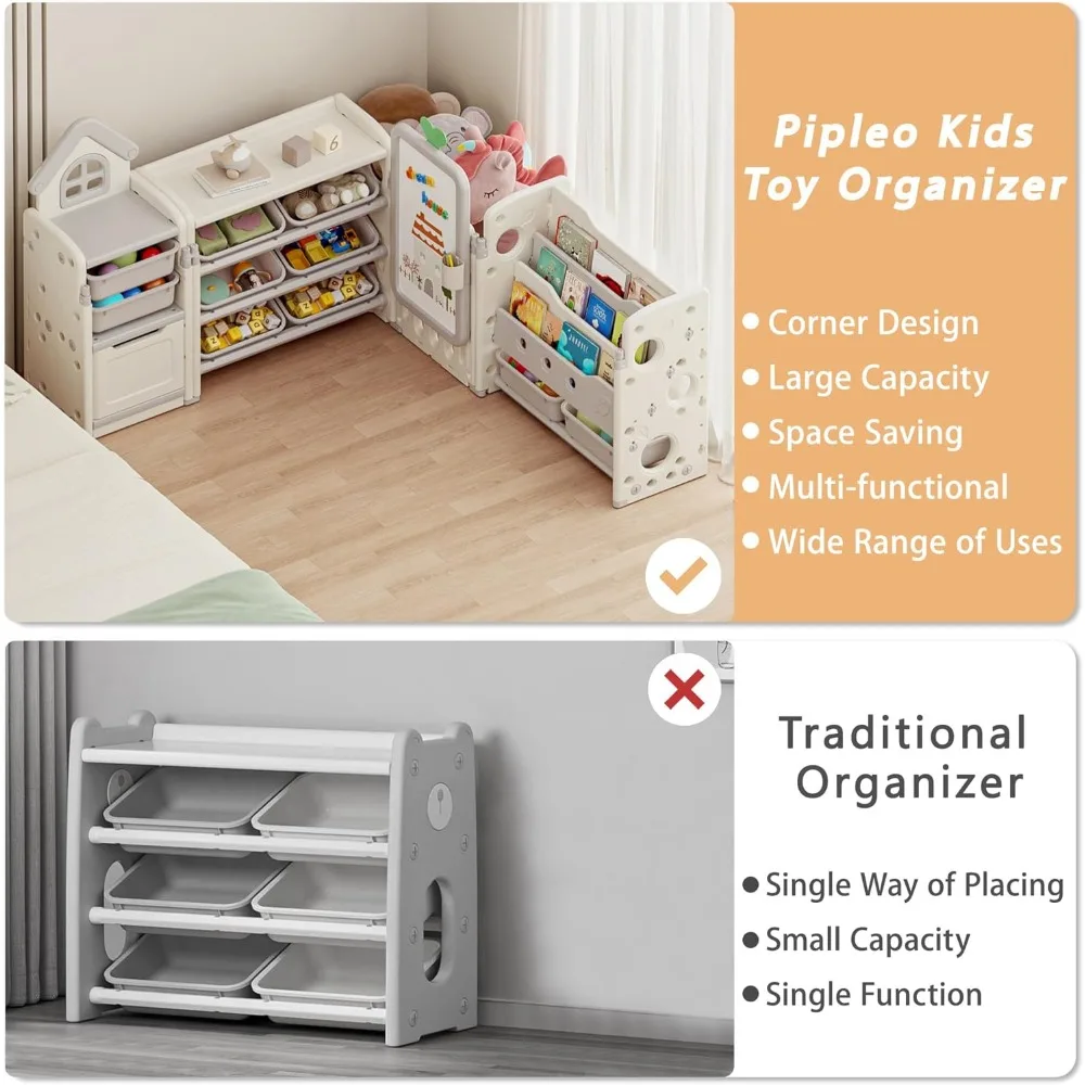 10-bin foldable toy organizer with 3-tier bookshelf for kids' storage