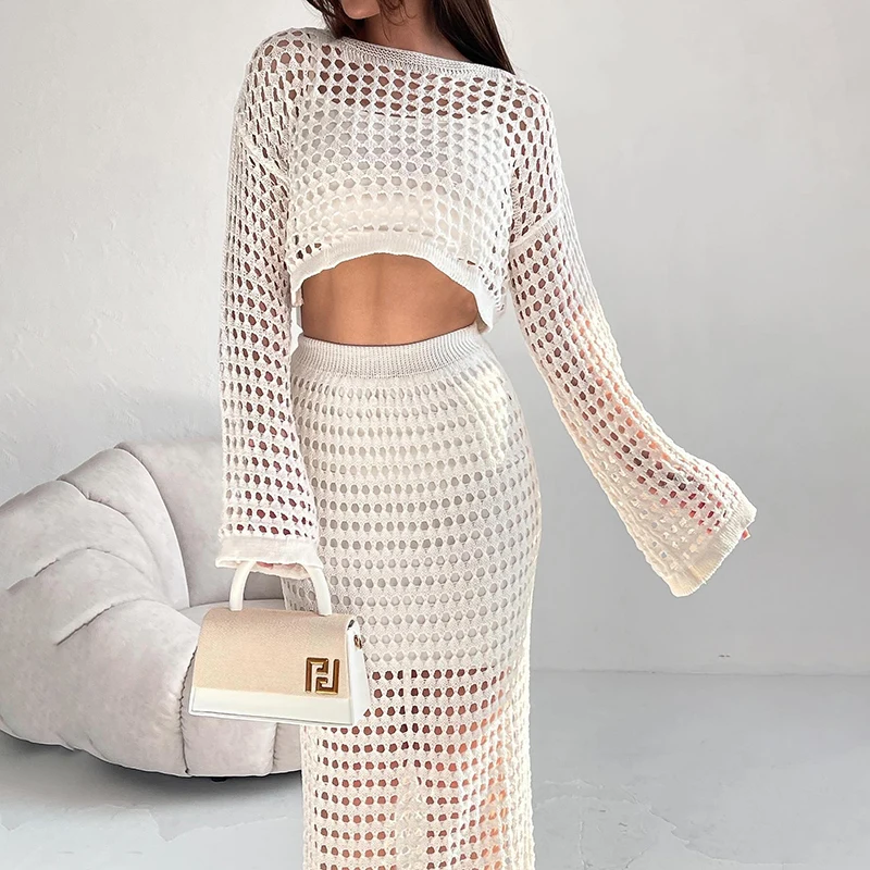 Ensemble 2 pièces élégant en tricot amissié pour femme, pull-over blanc à manches longues, jupe longue imbibée