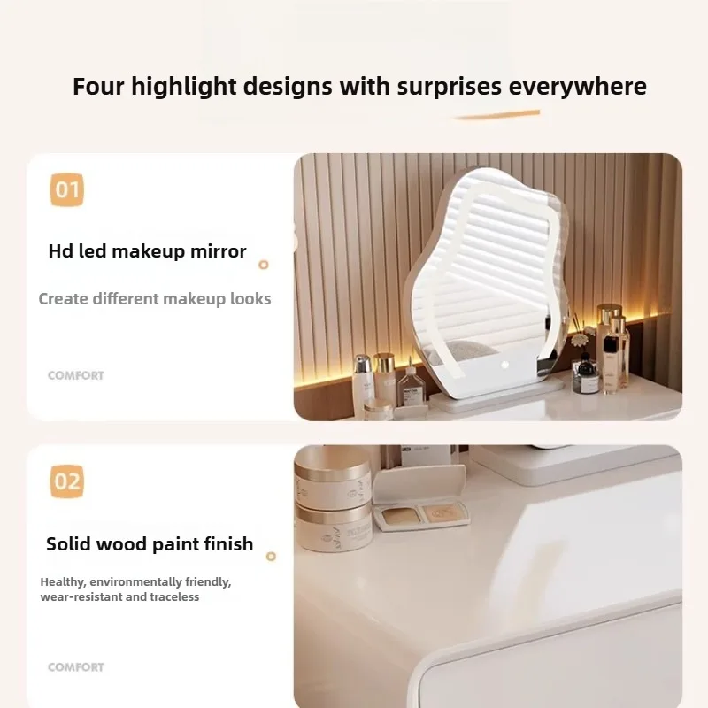 All Solid Wood Baking Paint Small Unit Dressing Table Storage Cabinet Integrated Bedroom Modern Simple Cream Style Makeup Table