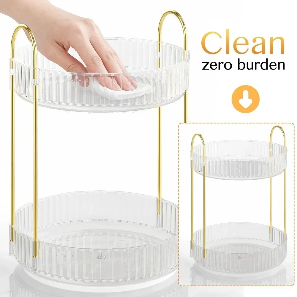 2 Tier 360 Degree Rotating Makeup Organizer Large Capacity Clear Acrylic Perfume Skincare Cosmetics Storage Rack for Vanity Countertop Bathroom Dresser,Spinning Lazy Susan Beauty Organizer Display Stand with Gold Frame,Gift for Women Girls gallery 4